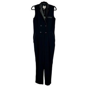 NWT Sea New York Women's SZ 4 Leather Trim Double Breasted Button Jumpsuit Black